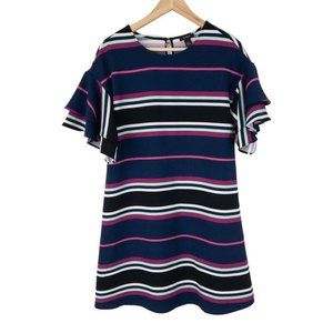 Halogen Dress Above Knee Mini Stripes Ruffle‎ Sleeve Back Small Key Hole Sz XS